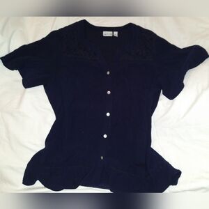 Kim Rogers Navy Short-Sleeve Button Front Top with Lace Yoke